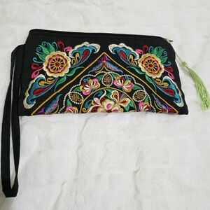 Embroidered Black Fabric Wristlet w/Multicolor Design